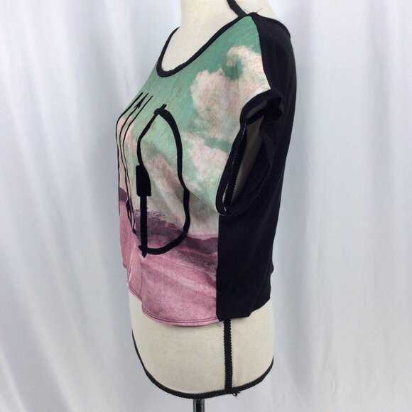 Workshop Crop Top Womens Size Medium WILD Cap Sleeve Satin Contrast Jersey Knit - Picture 4 of 7